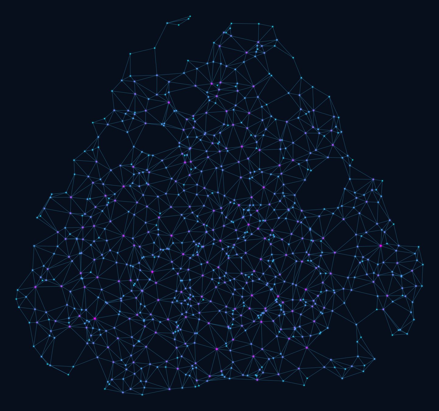 A ruliad-style hypergraph — a rule-grown mesh, generated by us.