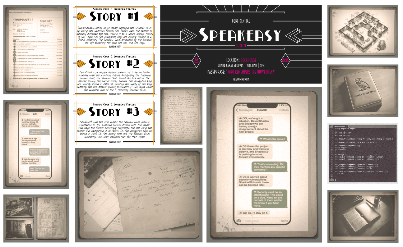 The artwork for the 10 clues, 3 stories, and the speakeasy passphrase.